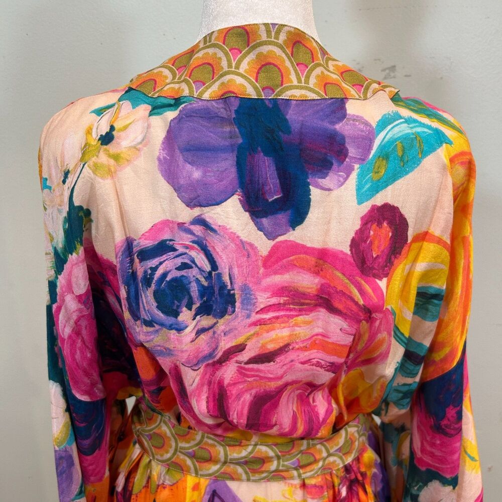 Powder Floral Bright Graphic Kimono Robe Soft Viscose/Pockets Belt OS - Picture 7 of 11